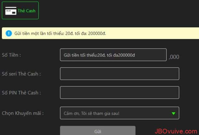 Nạp tiền vào JBO bằng thẻ cash Nạp tiền vào JBO bằng thẻ cash
