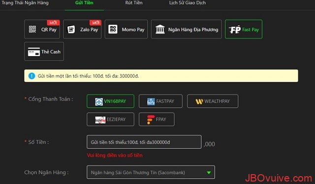 Nạp tiền vào tài khoản JBO để có thể săn thưởng lớn Nạp tiền vào tài khoản JBO để có thể săn thưởng lớn